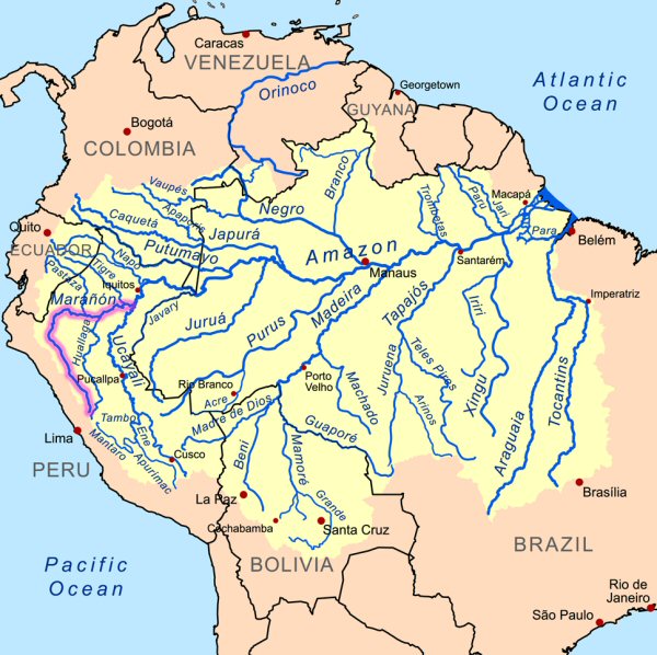 Map of the Amazon River drainage basin with the Marañón River highlighted.